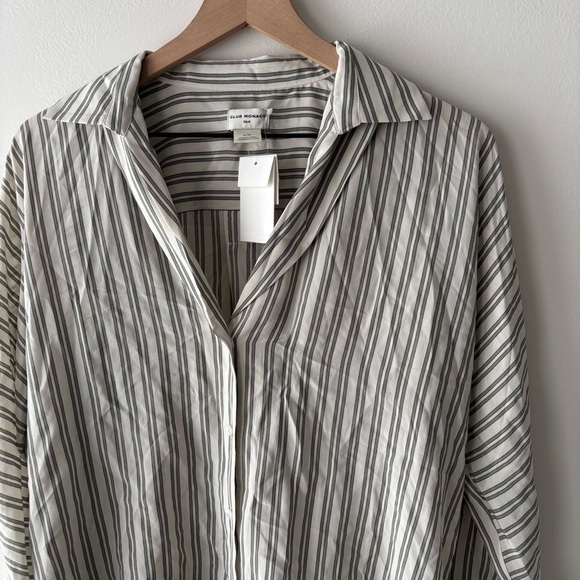 Club Monaco SIGNATURE SILK DOLMAN BUTTON-UP SHIRT IN WHITE PRINTED MULTI Sz L - Picture 6 of 8